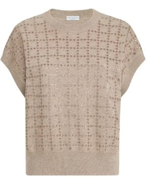Brunello Cucinelli Camiseta De Punto De Cachemir Con Bordado Windowpane - Blanco