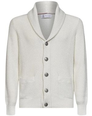 Brunello Cucinelli Ribbed-Knit Shawl-Collar Cardigan - White