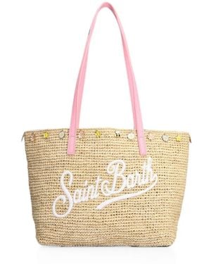 MC2 Saint Barth Midi Raffia City Floral-Embellished Shoulder Bag - White
