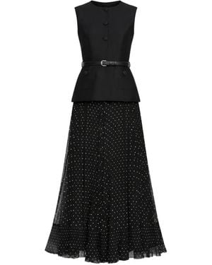 Self-Portrait Belted Plissé Polka-Dot Satin And Taffeta Midi Dress - Black