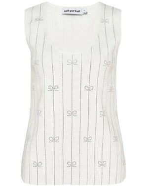 Self-Portrait Rhinestone-Embellished Striped Knit Top - White
