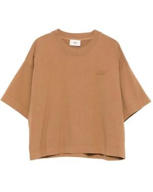 Autry Cotton Embroidered Logo Cropped T-Shirt - Natural