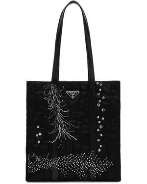 Prada Crystal-Embellished Studded Tote Bag - Black