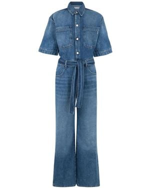 ICON DENIM Belted Short-Sleeve Denim Jumpsuit - Blue