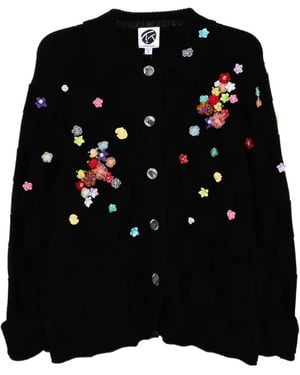 YANYAN KNITS Floral-Embellished Check Cardigan - Black
