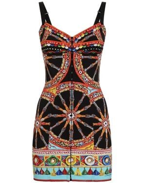 Dolce & Gabbana Carretto-Print Short Charmeuse Dress - Black