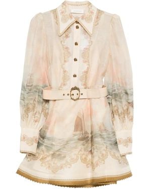 Zimmermann Mini Dress With Long Puff Sleeves And Removable Belt - Natural
