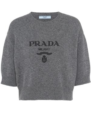 Prada Logo-Intarsia Cropped Wool Sweater - Gray