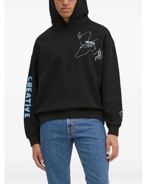 HUGO Graphic-Print Logo-Lettering Hoodie - Black