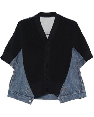Sacai Panelled Denim-Knit Cardigan - Blue