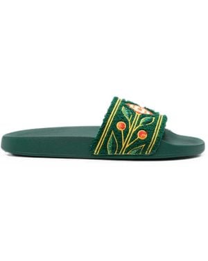 CASABLANCA Floral-Embroidered Slides - Green