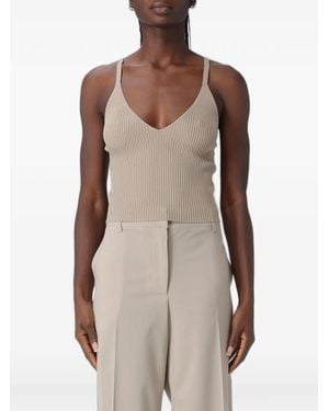 Emporio Armani Ribbed-Knit V-Neck Top - Natural