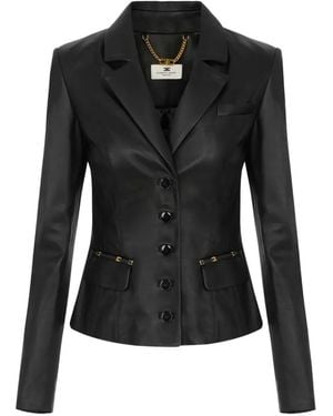 Elisabetta Franchi Leather Jacket With Logo Details - Black