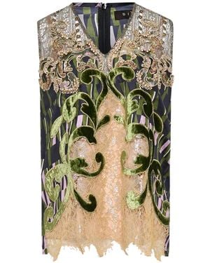 Biyan Bead-Embellished Lace-Trim Silk Blouse - Metallic