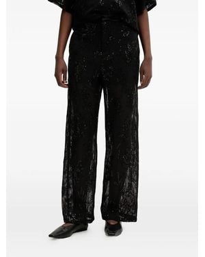 Isabelle Blanche Sequin-Embellished Floral-Embroidered Pants - Black
