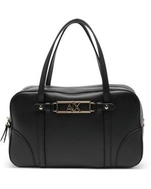 ARMANI EXCHANGE Logo-Plaque Leather Tote Bag - Black