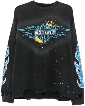 Secnd Slf X Masato Kawaj Firestorm Distressed Long-Sleeve Cotton T-Shirt - Black