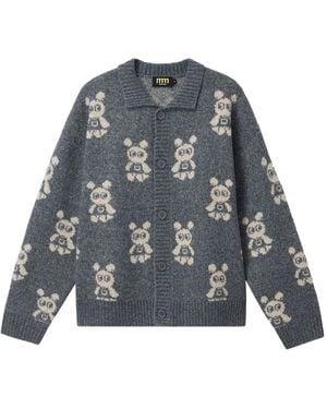 Mini Cream Bear-Pattern Button-Fastening Cardigan - Grey