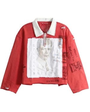 SAITOS Starman Quarter-Zip Distressed Polo Shirt - Red