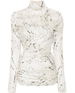 Mugler Abstract-Print Ruched Top - White