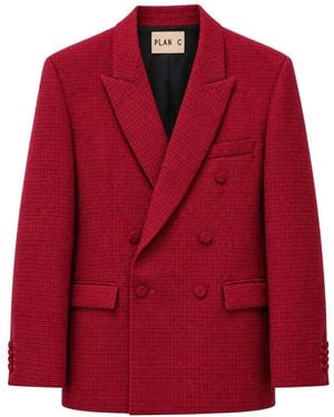 Plan C Double-Breasted Houndstooth Blazer - Red