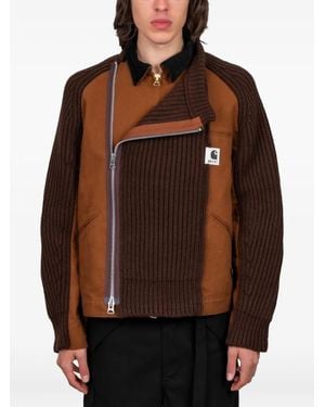 Sacai Asymmetric-Zip Knitted Jacket - Brown