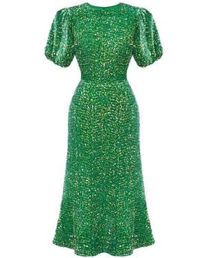 POST MERIDIEM Sequin-Embellished Puff-Sleeve Midi Dress - Green