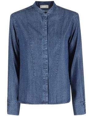 Kiltie Band-Collar Denim Shirt - Blue