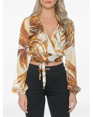 Just Cavalli Ruffled Leaf-Print Blouse - White