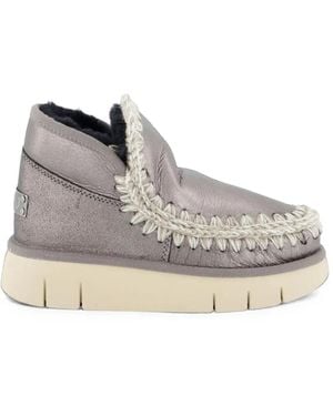 Mou Crochet-Trim Metallic Leather Trainers - Grey
