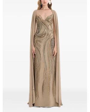Gemy Maalouf Bead-Embellished Cape-Overlay Maxi Dress - Natural