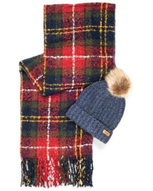 Barbour Tartan Check Beanie Hat And Scarf Set - Red