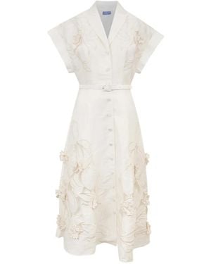 LEO LIN Floral-Appliqué Belted Midi Dress - White
