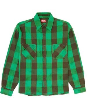 DIESEL Check Flannel Shirt With Distressed Effect - Green