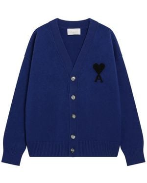 Ami Paris Ami De Coeur V-Neck Cardigan - Blue
