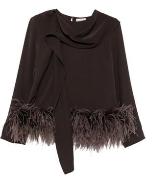 P.A.R.O.S.H. Feather-Trim Draped Blouse - Brown