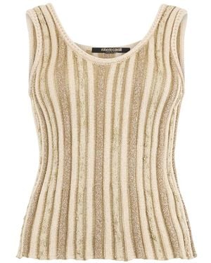 Roberto Cavalli Striped Lurex Knit Top - Natural
