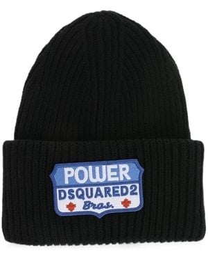 DSquared² Logo-Patch Ribbed-Knit Beanie Hat - Black