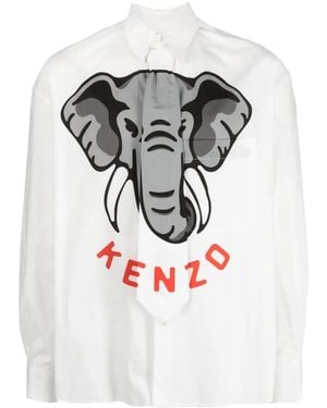 KENZO Elephant-Print Tie-Detail Shirt - Gray