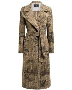 Etro Bouclé Wrap Coat With Flower And Animal Motif - Natural