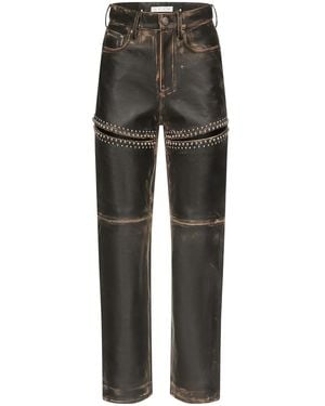 Area Studded Leather Slit Straight-Leg Trousers - Grey