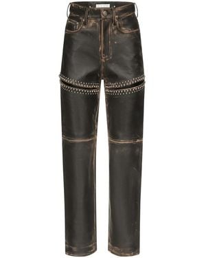 Area Studded Leather Slit Straight-Leg Pants - Gray