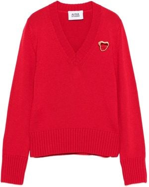Alpha Studio Heart-Detail V-Neck Sweater - Red