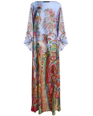 Etro Long Twill Dress Whith Placed Paisley Foliage Print - White