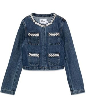 Self-Portrait Embellished-Pocket Denim Jacket - Blue
