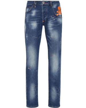Philipp Plein Skull Paint-Splatter Straight-Leg Jeans - Blue