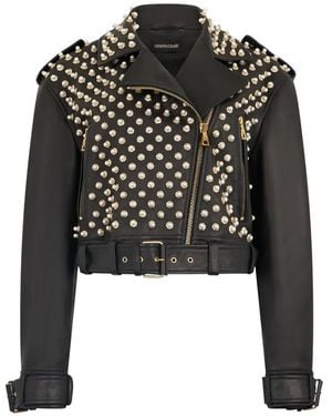 Roberto Cavalli Studded Belted Leather Jacket - Black