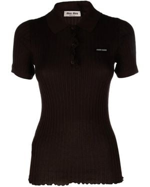 Miu Miu Ruffled Ribbed-Knit Polo Shirt - Black