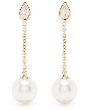 Mizuki Pendientes Largos En Oro Amarillo De 14Kt Con Perla Y Diamantes - Blanco