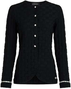KARL LAGERFELD Pearl-Embellished Basket-Weave Cardigan - Black